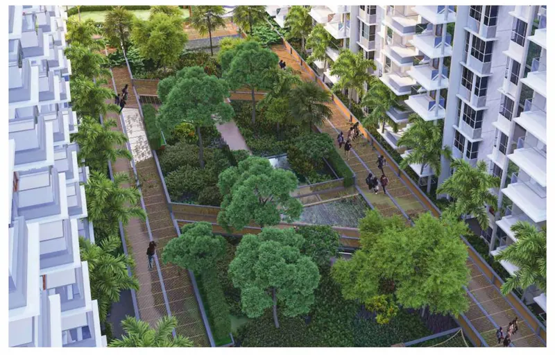 Hanging-gardens style podium garden between the towers