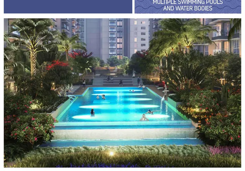 Resort-style pools and water courtyard at Sky Habitat