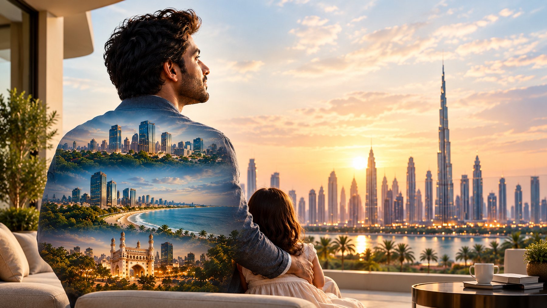 An NRI family in Dubai looking out over the skyline