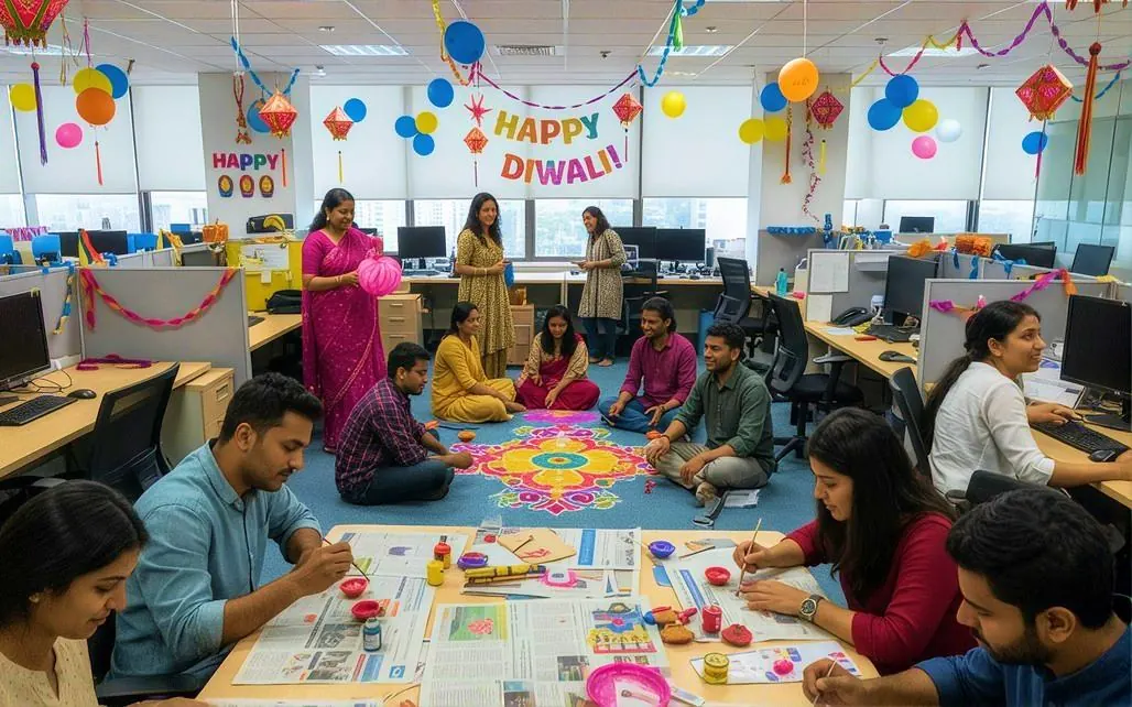 Colleagues decorating the office together for Diwali