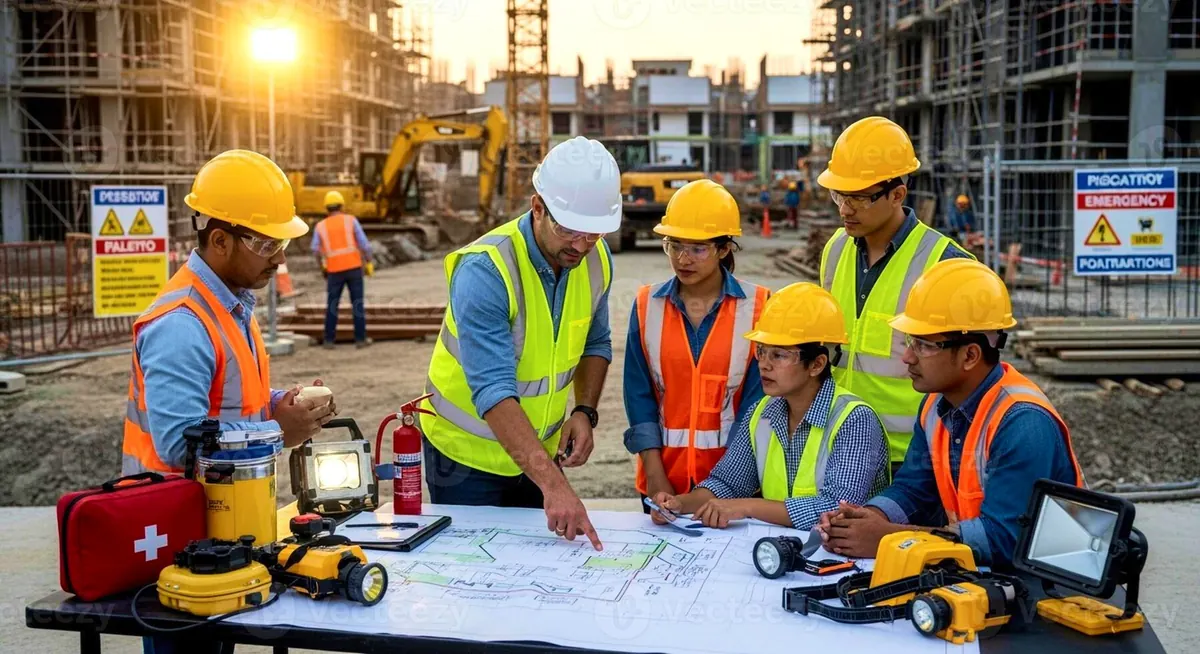 Engineers reviewing drawings together on a construction site